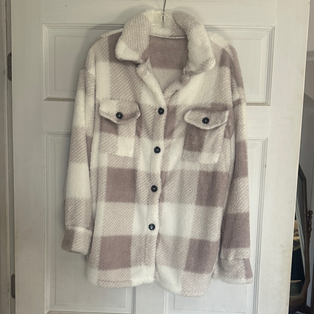 Women's Plush Check Shacket - Cream & Taupe